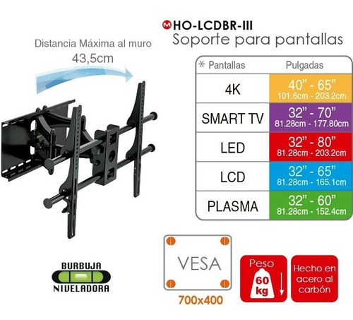 Suporte com braço para telas de 32 a 80 cores HO-LCDBr-III em preto