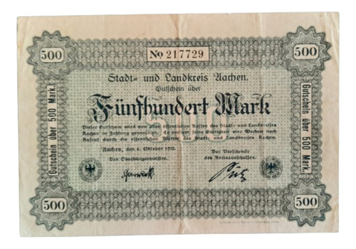 Alemania Billete De 500 Marcos 1922 Aachen 