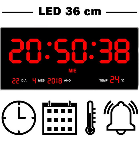 Reloj Digital Pared Led Números Rojos Fecha Y Temperatura G. Color del fondo Negro