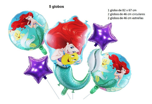 Set Globos Metalizado La Sirenita X5 + 12 Globos R12 Latex