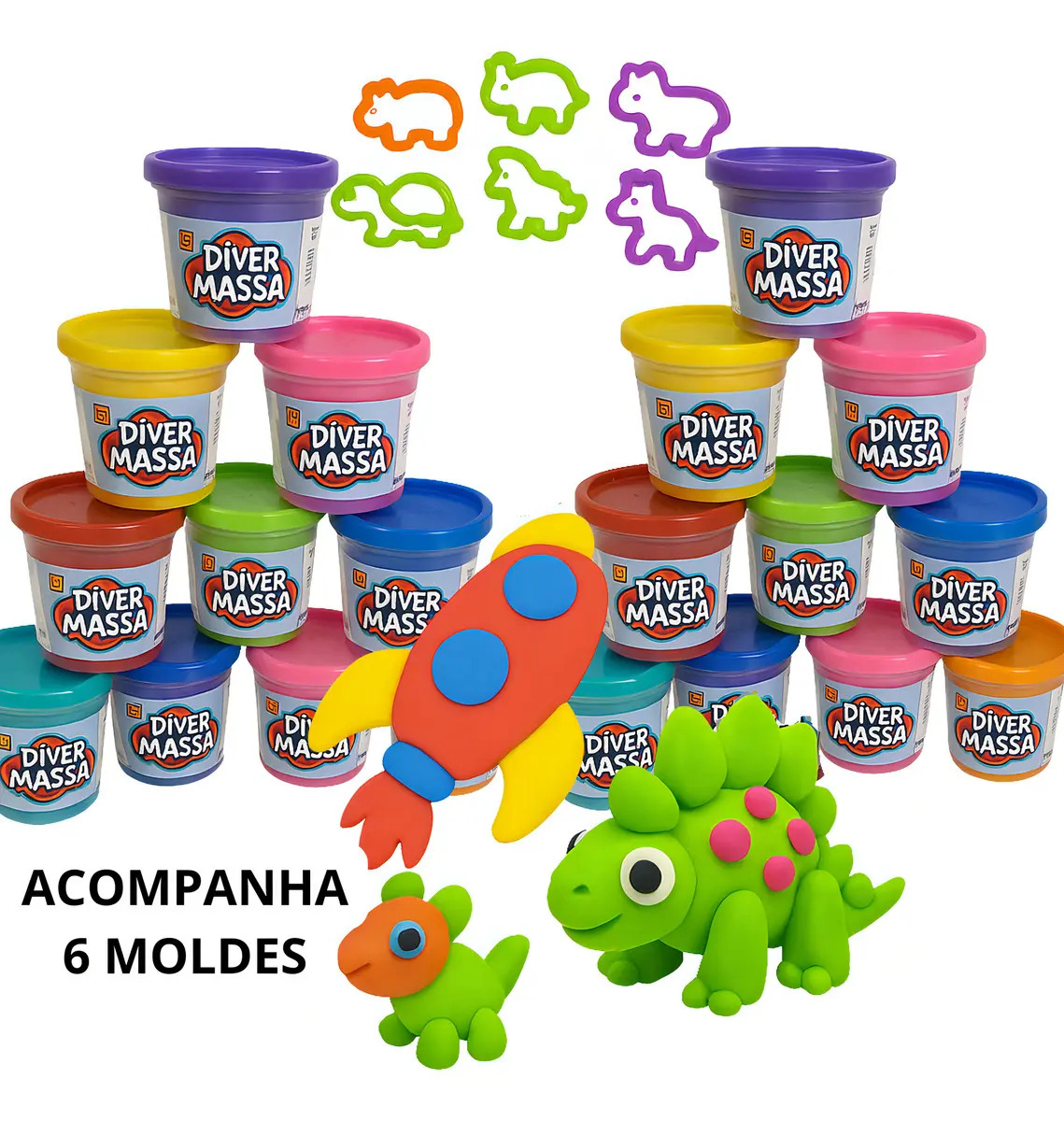 Kit Massinha de Modelar 20 Potes 50g Diver Toys com Moldes Sortidos
