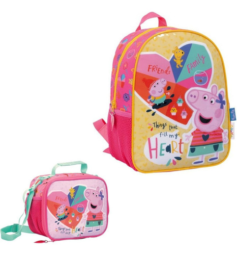 Combo Mochila Espalda Peppa Pig 12' Y Lunchera De Peppa Pig Color Rosa Chicle Diseño De La Tela Rayado