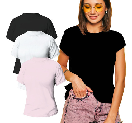Pack 3 Pzs Playera Dama Mujer Cuello Redondo Algodon