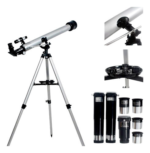 Telescópio Refrator Prateado 60mm Com Tripé Ajustável Luneta