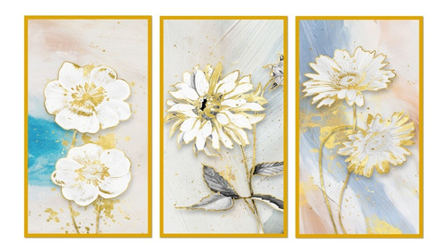 Cuadros Decorativos 90x 50 Cms   Flores   Blancas Con Dorado