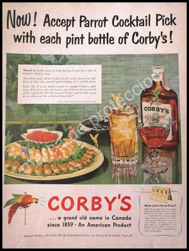 Cartel Publicitario Retro Vinos Cocktail Corbys 1950