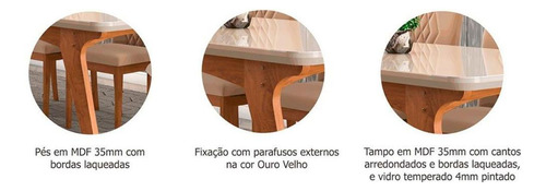 Conjunto: Mesa Sala Jantar Selena C/ Tampo Madeirado C/ Vidr