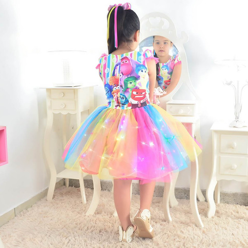 Vestido Divertida Mente 2 Saia Tutu Colorido Com Led