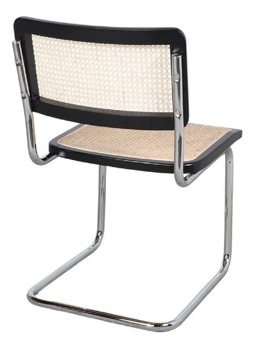 Sillas Cesca Breuer De Comedor Makom Con Estructura De Acero Tubular Cromado Con Acabado Brillante. Respaldo Y Asiento De Madera De Haya Laqueada Negro Y Esterillado En Rattán Sintético, Set X4 Unid.