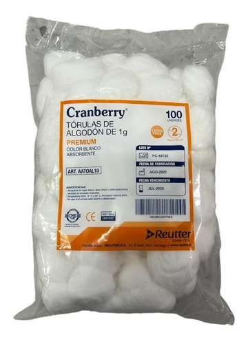 Torulas De Algodon 1g X100 Cranberry Pack 10 Bolsas 1000u