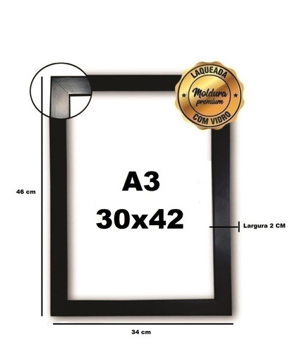 Moldura Quadro A3 Em Madeira Envernizada Com Vidro