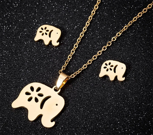 Imagen 4 de 6 de Collar Y Aretes Diseño Elefante Oro Laminado 22 K M3133