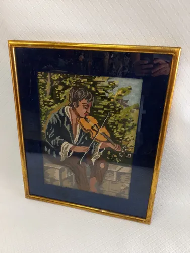 Cuadro Antiguo Italy Bordado De Punto Gobelino El Violinista (Usado)