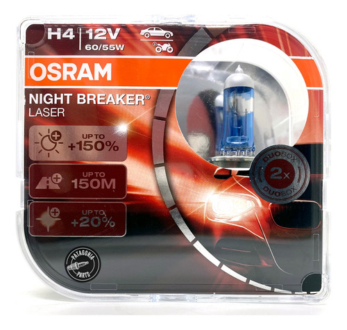 Kit 2 Lamparas H4 Osram Laser Night Breaker +150% +150m