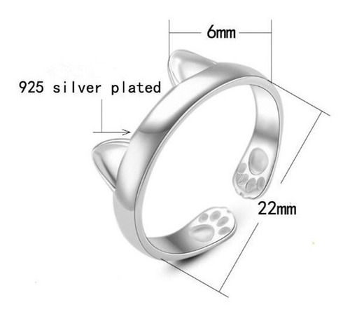 Anillo Orejas Y Patitas De Gato Ajustable Plata 925 Mujer Lb