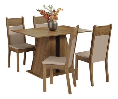 Sala Jantar Mesa Tampo Madeira 4 Cadeiras Angel Madesa R Cor Rustic/Sintético Bege