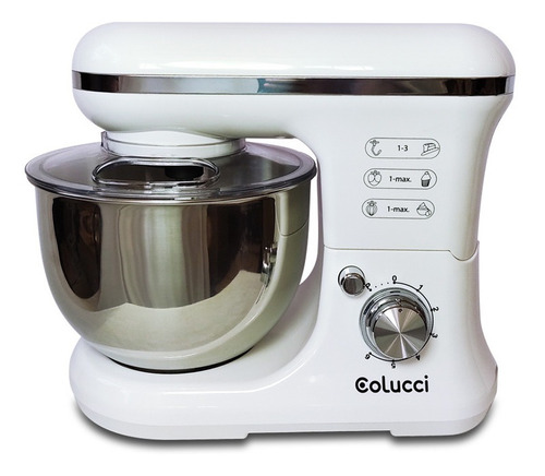 Liquidificador planetário branco Colucci, tigela de aço inoxidável de 1200 Watts, 5 litros, 6 velocidades, com acessórios