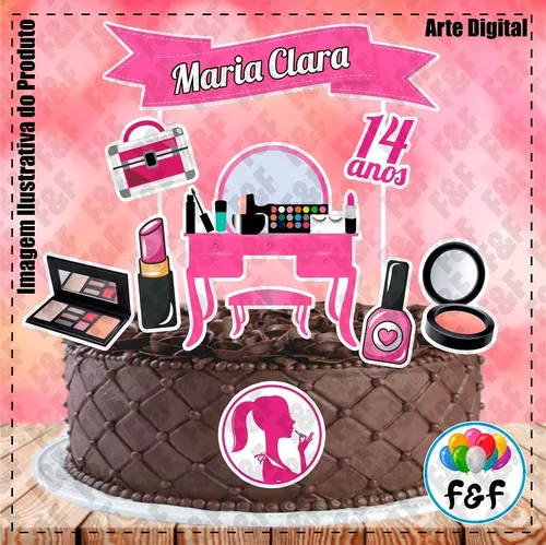 Kit Topper Topo De Bolo Festa Tema Maquiagem Personalizado