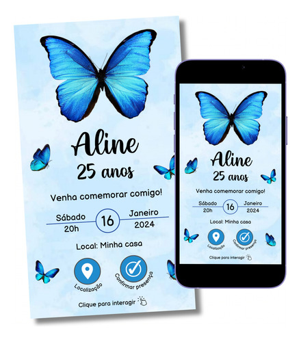 Convite Digital Interativo Tema Borboleta Azul