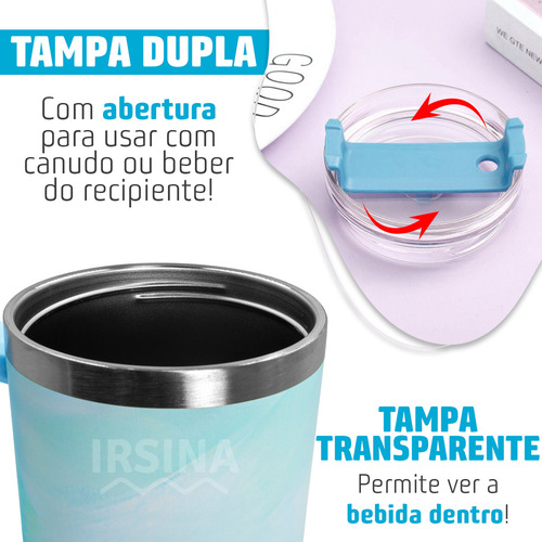 Garrafa Térmica 1200ml Estilo Aquarela Degradê Tampa Transparente Com Canudo Alça Lateral Bebida Fria Ou Quente Carro Festa Evento Aço Inox Cor Azul Irsina