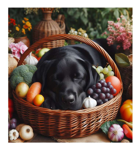Vinilo 45x45cm Perro Labrador Negro Canasta De Fruta