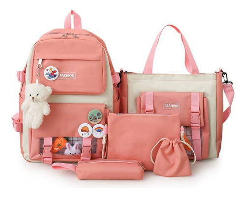 Kit Combo Mochila Escolar Kawaii 5 Piezas Estilo Coreano