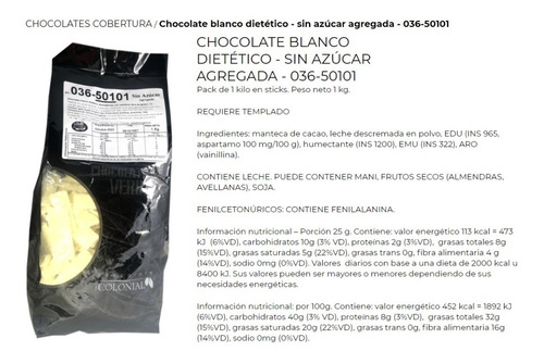 Chocolate Blanco Dietético Colonial X 1kg - Mataderos