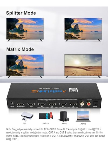 Switch Hdmi 8k@60hz 4x2 Con Audio Extractor Y Control Remoto