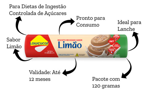 Biscoito Recheado De Limão Lowçucar Diet 120g Kit Com 16