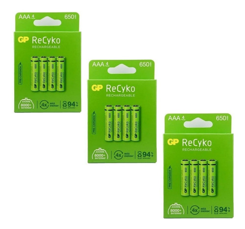 Pack 12pilas Recargables Aaa Gp Recyko 650mah Nimh