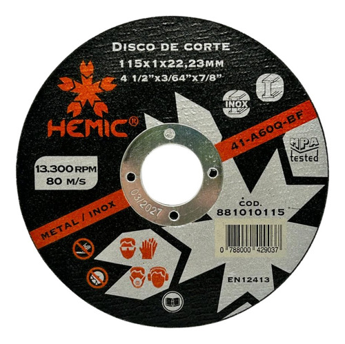 Disco De Corte Inox/metal 4 1/2 X 1mm Hemic 50 Unidades