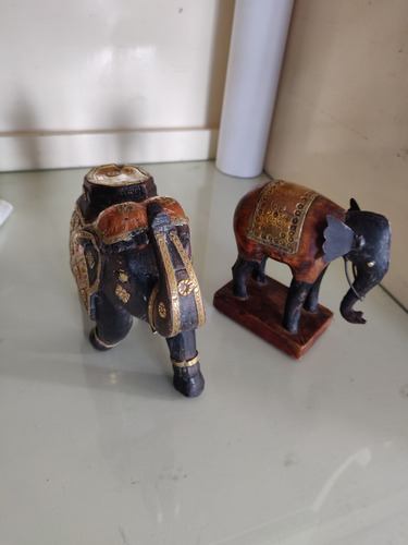 Antiguo Elefante De Madera Y Bronce Dorado (Usado)