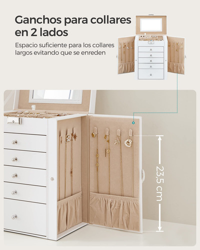 Joyero Blanco De 6 Niveles Con Espejo Y 5 Cajones