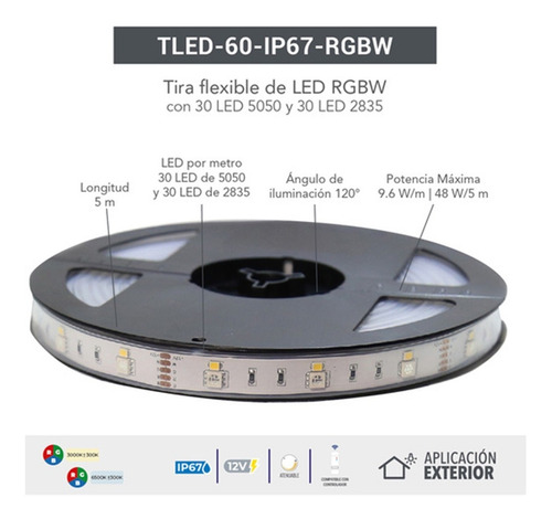 Imagen 3 de 8 de Tira Led Rgb Flexible Exterior Tecnolite 48w 6500k 12v