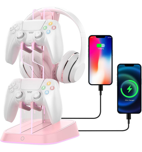 Base Soporte Para Audifonos Gamer Rgb 7 Modos Rosa Carga Usb