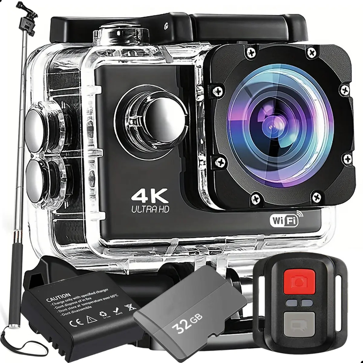 Câmera Esportiva 4k Wifi Capacete + 32gb + Bastão + Bateria Cor Preto