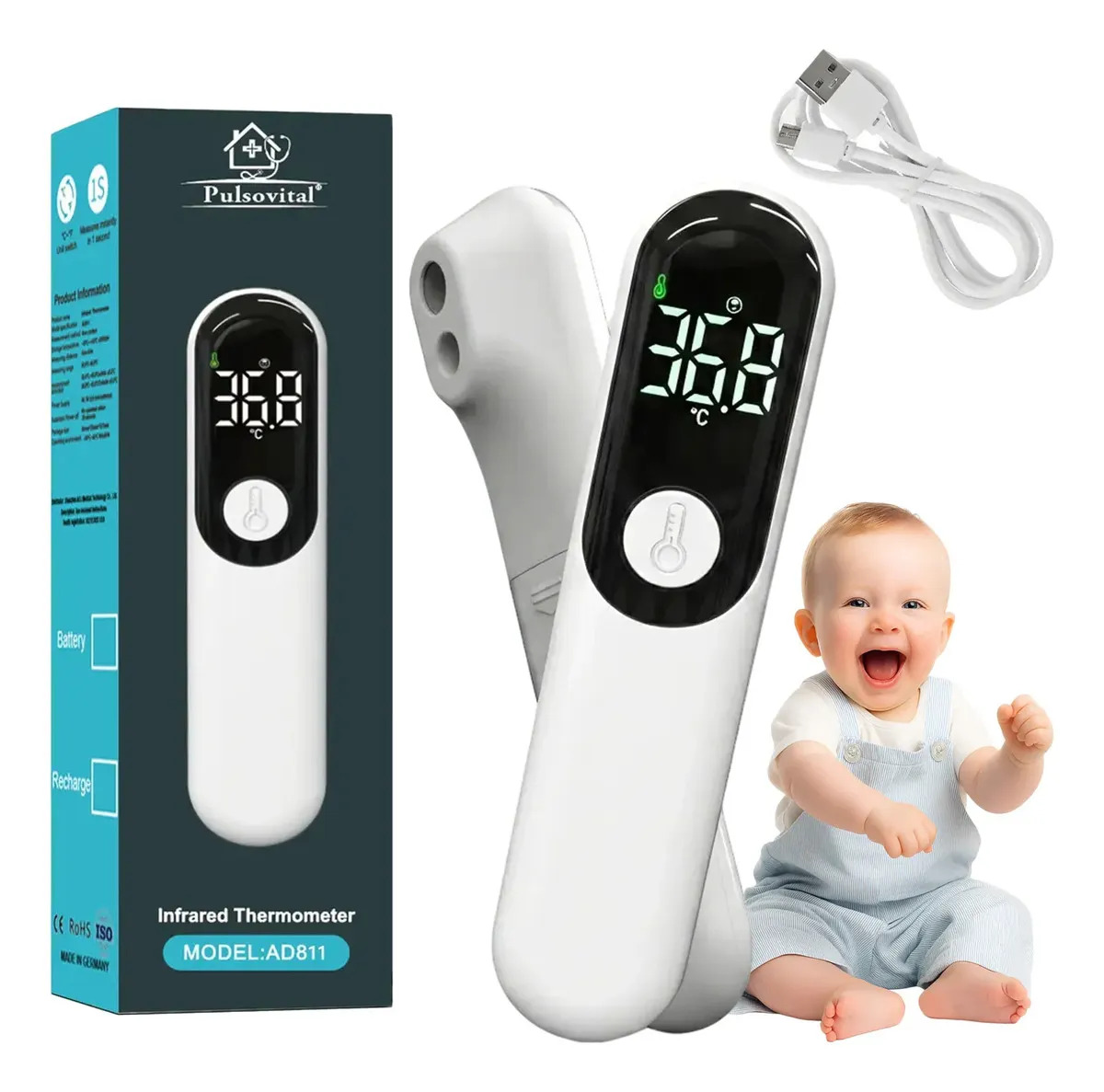 Pulsovital Termómetro Digital Infrarriojo De Alta Precisión Con Pantalla Led Para Frente,oreja Y Cuerpo,color Blanco
