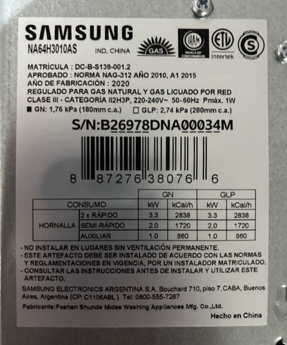 Anafe A Gas Samsung Acero Inoxidable Encendido Na64h3010as Plateado (Usado)