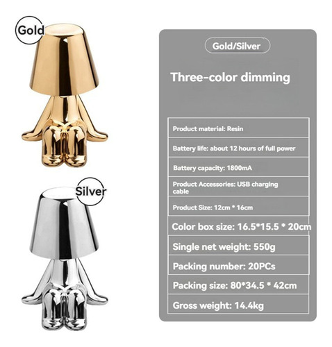 D Luminária De Mesa Golden Man: Luz Noturna E Escultura