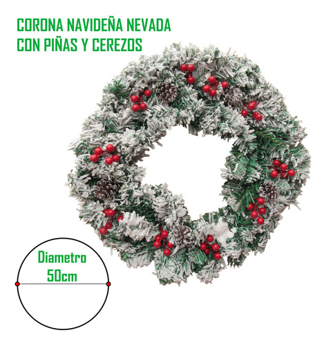 Corona Decorativa Navidad Nevada Con Piñas Y Cerezos 50cm