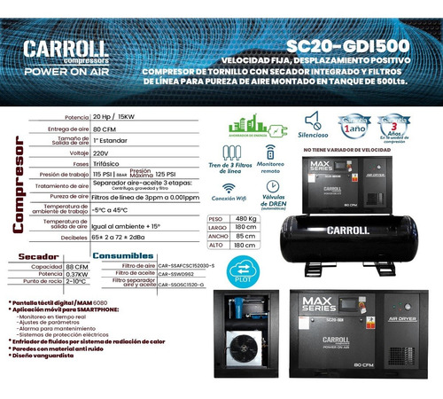 Compresor De Tornillo Integrado Carroll 20hp 500 Litros