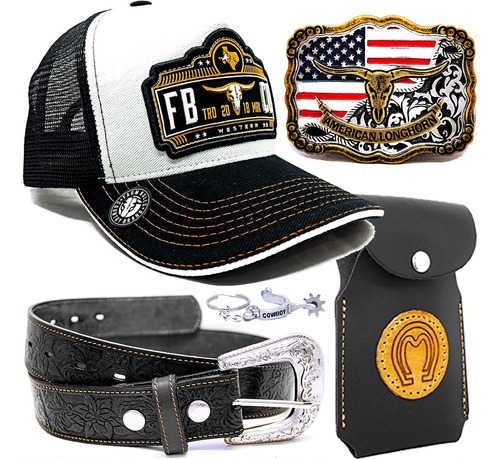 Kit Bone Farm Bulls + Fivela Cinto Country Capinha Chaveiro