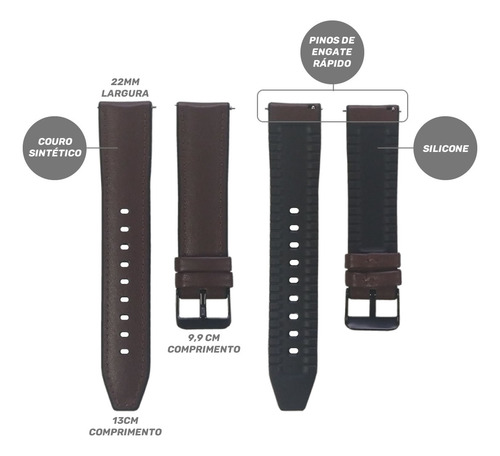 Pulseira Para Microwear L9 Em Couro Com Silicone 22mm
