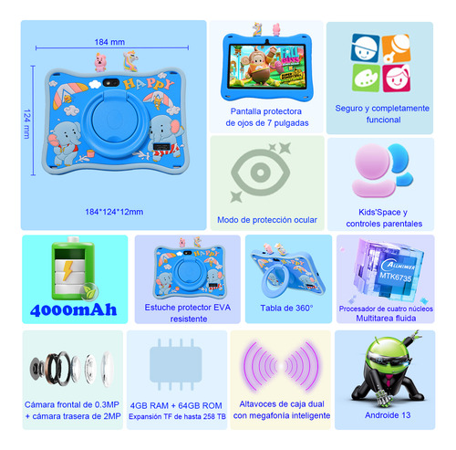 Tablet Con Funda Kids 4gb+64gb Android 13.0 Memoria Ram Wifi