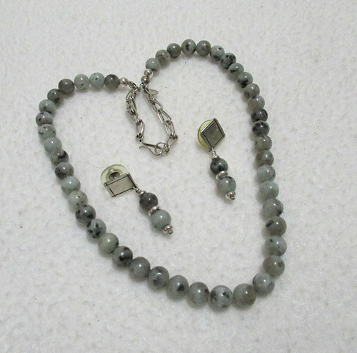 Conjunto Aros Collar Plata 900 Piedras Jaspe Kiwi 