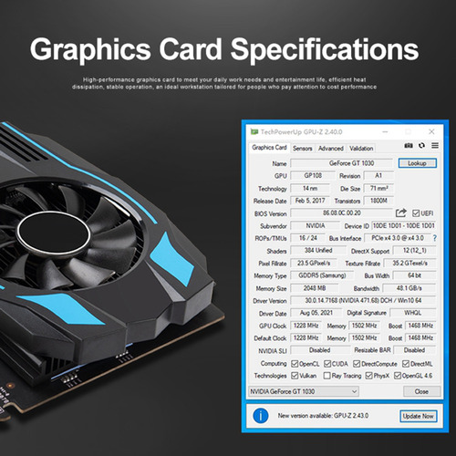 Tarjeta Gráfica Gt1030 Gddr5 De 2 Gb, 14 Nm, 1228 Mhz, 1502