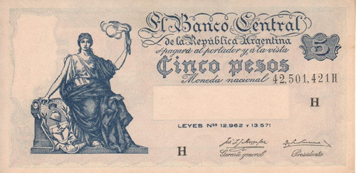 Bottero 1872 - Billete 5 Pesos Mon. Nac. Año 1957 - S/circ.