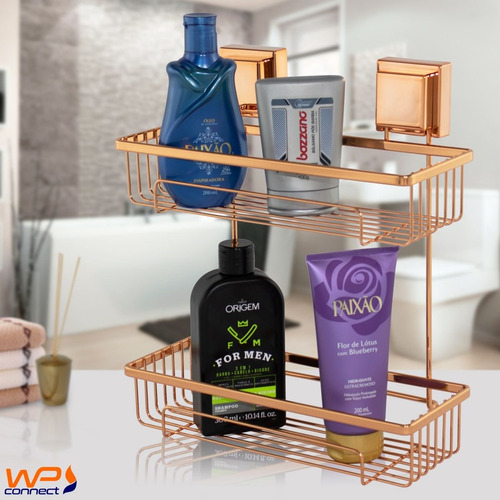 Porta Shampoo Duplo Cobre Rosé Aço Piatina Fixação Ventosa