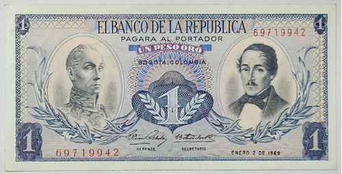 Billete 1 Peso 02/ene/1969 Colombia Xf