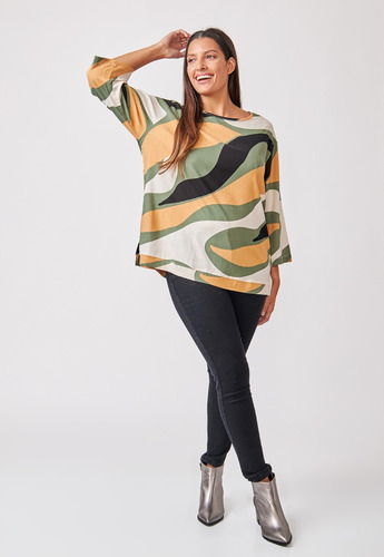 Imagen 2 de 4 de Blusa Remera Lino Estampada Manga 3/4 Talle Grande Especial